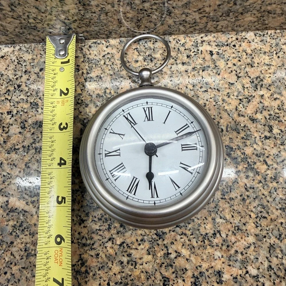 Pottery Barn Silver Pocket Watch Desk Clock Quartz Roman Numerals Tabletop Decor